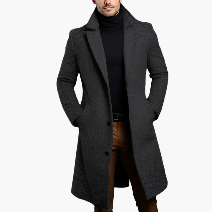 Trench lungo monopetto da uomo, cappotto classico autunno/inverno. Abbigliamento maschile caldo ed elegante marrone.
