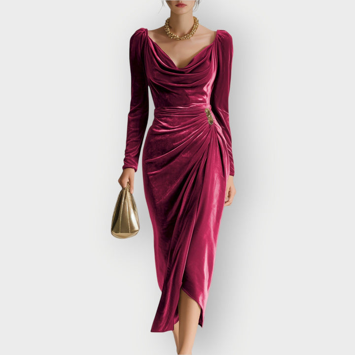 Abito midi drappeggiato da donna, elegante, con arricciature e maniche lunghe. Perfetto per serate speciali.