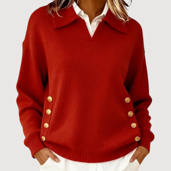 Maglione donna a maniche lunghe, collo con bottoni. Maglieria elegante e confortevole per l'autunno inverno.