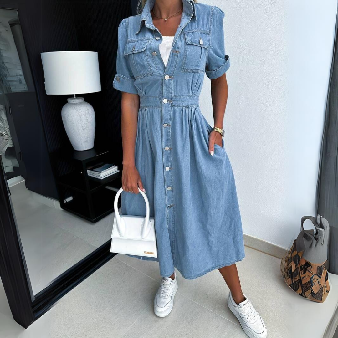 Abito midi elegante da donna, perfetto per primavera/autunno, stile sofisticato e versatile.