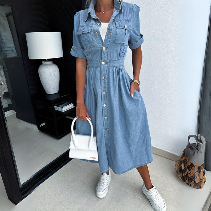 Abito midi elegante da donna, perfetto per primavera/autunno, stile sofisticato e versatile.