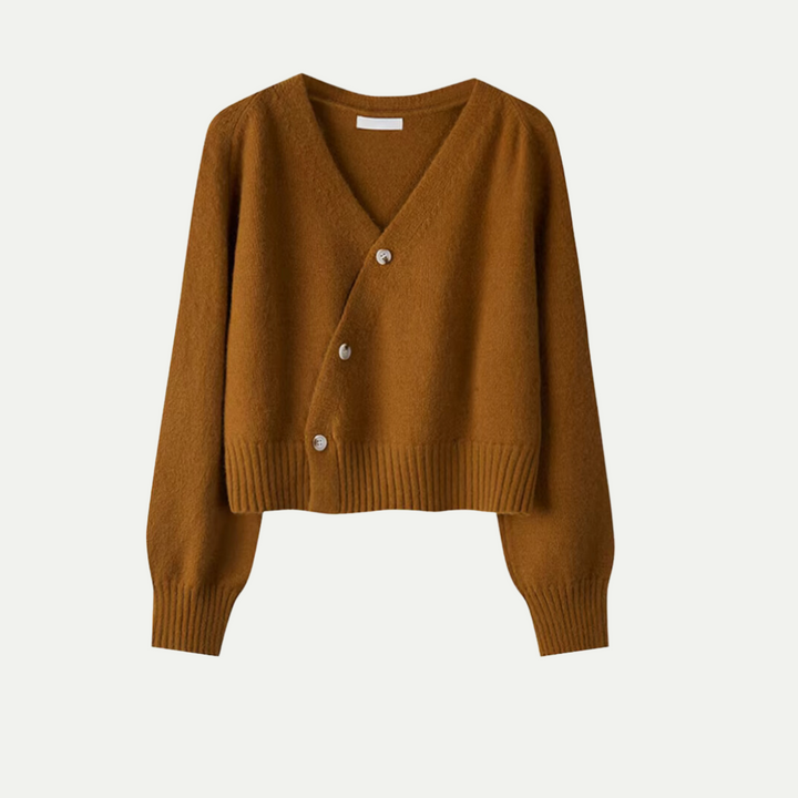 Maglia cardigan corta donna, scollo a V, elegante e versatile per abbigliamento casual o formale.