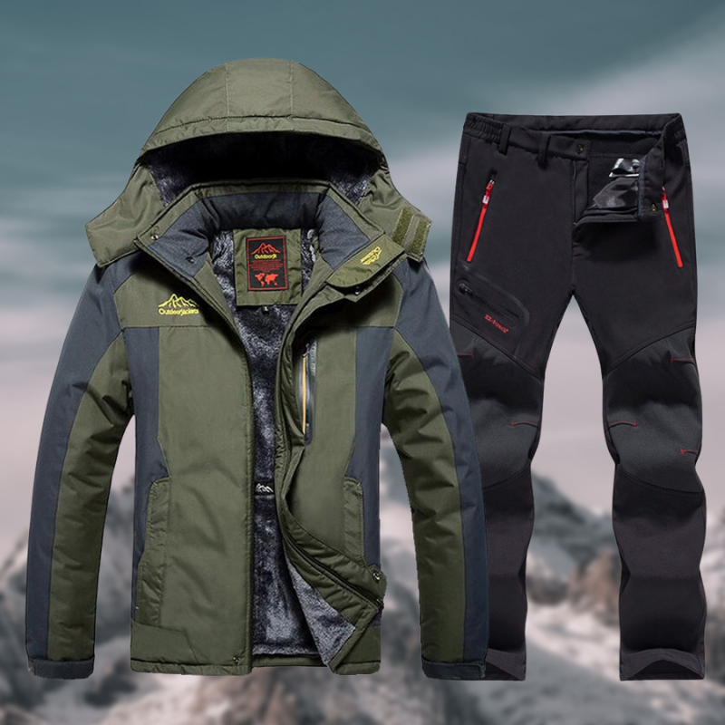 Retro completo invernale uomo, giacca e pantaloni sci. Tuta da montagna calda e impermeabile per neve e sport outdoor.