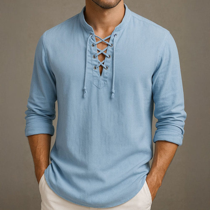 Camicia estiva uomo casual con laccio anteriore regolabile, ideale per la spiaggia e look da tempo libero.