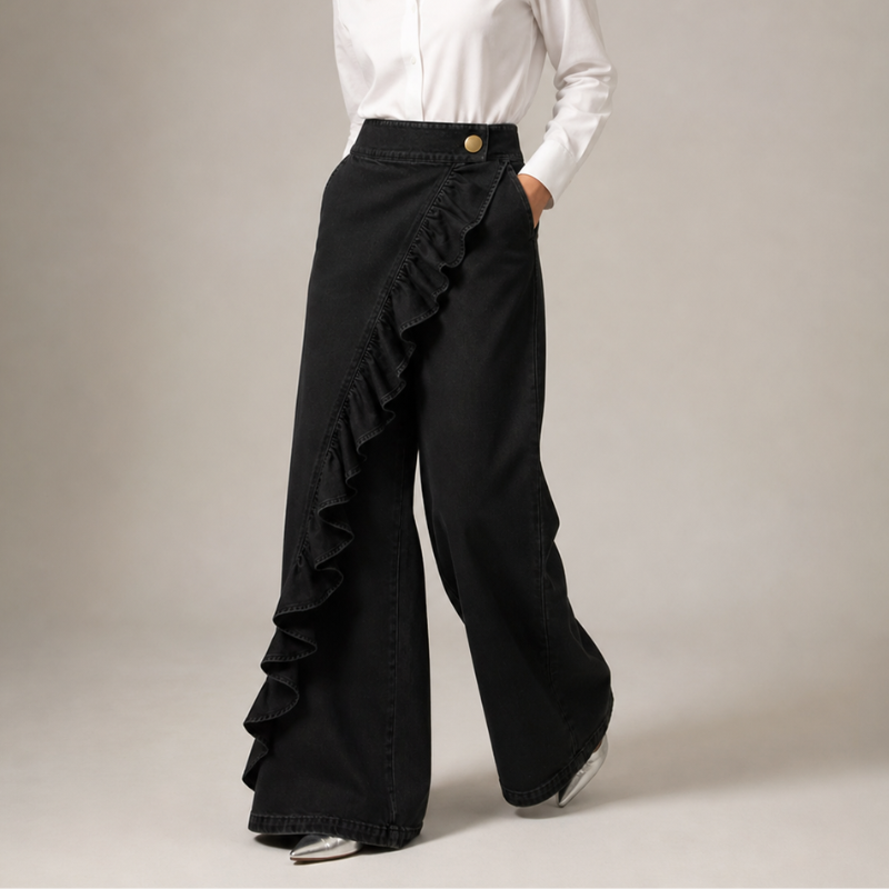 Pantaloni donna casual con gamba larga e volant, vita alta. Comodi e alla moda per il tuo outfit quotidiano.