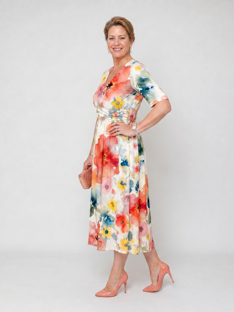 Abito femminile midi con stampa floreale. Design leggero con scollo a V e maniche corte per un look estivo.