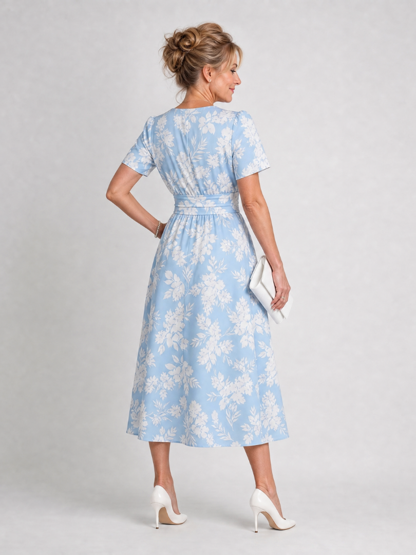 Abito midi estivo floreale da donna, fluido e confortevole. Con scollo a V per un look casual.