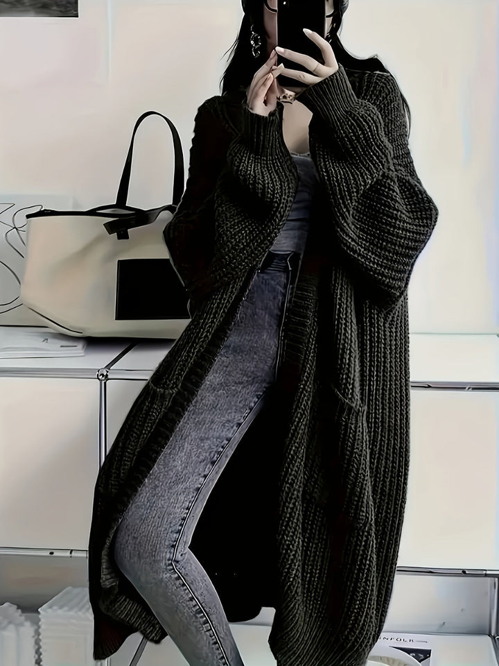 Elegante cardigan donna oversize stile kimono, maglia lunga aperta, comoda e versatile per autunno e inverno.
