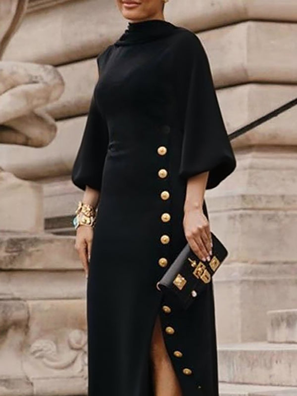 Vestito lungo da sera donna, collo alto e maniche a sbuffo, nero, ideale per occasioni speciali e moda.