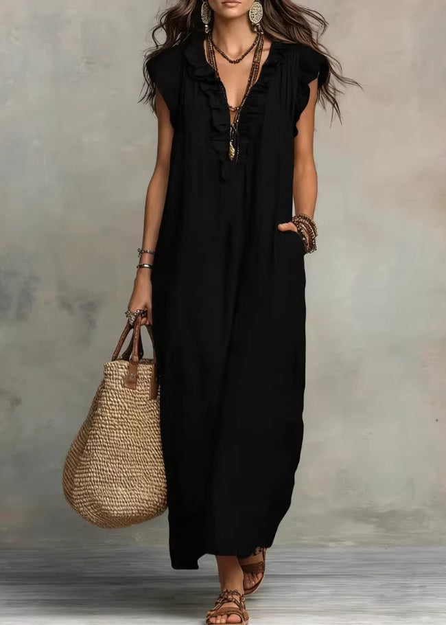 Abito estivo midi da donna senza maniche, A-line con orlo a volant, fresco e con tasche funzionali.