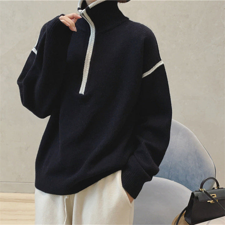 Maglione donna casual taglia unica con collo coreana e zip, caratterizzato da distintivi motivi a righe e quadri.