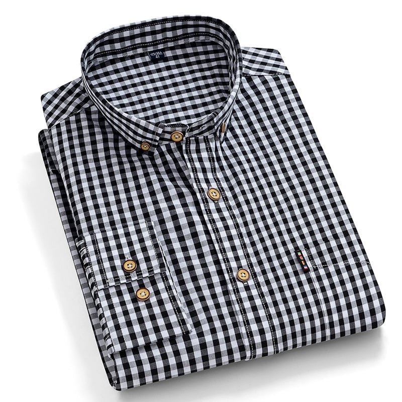 Camicia uomo slim fit a maniche lunghe con motivo a griglia e colletto quadrato. Stile moderno ed elegante per ufficio.