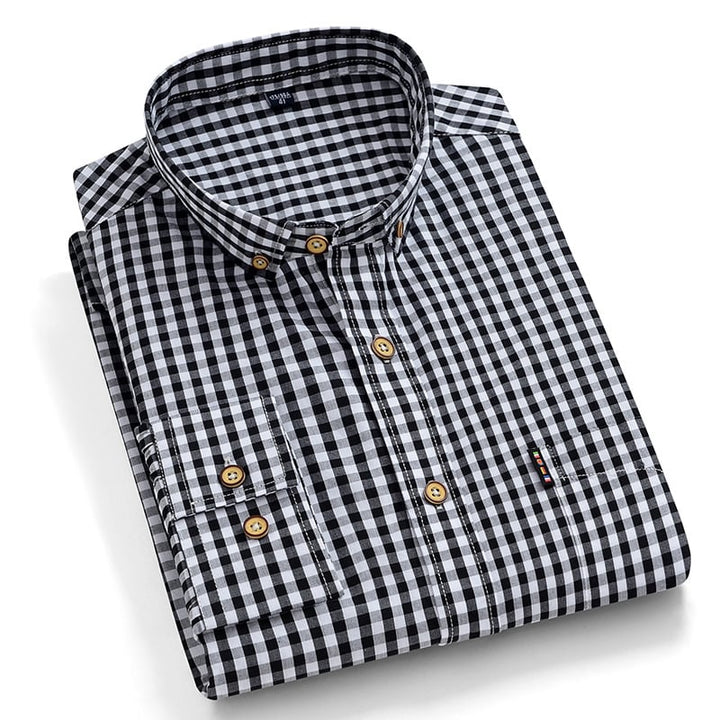 Camicia uomo slim fit a maniche lunghe con motivo a griglia e colletto quadrato. Stile moderno ed elegante per ufficio.