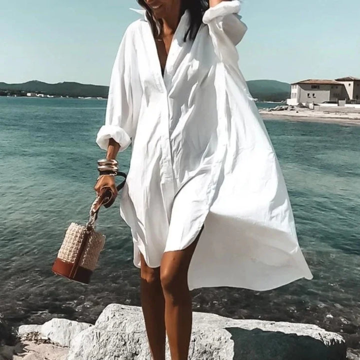 Abito midi estivo elegante da donna, stile chemisier, ideale per un look estivo sofisticato e confortevole.