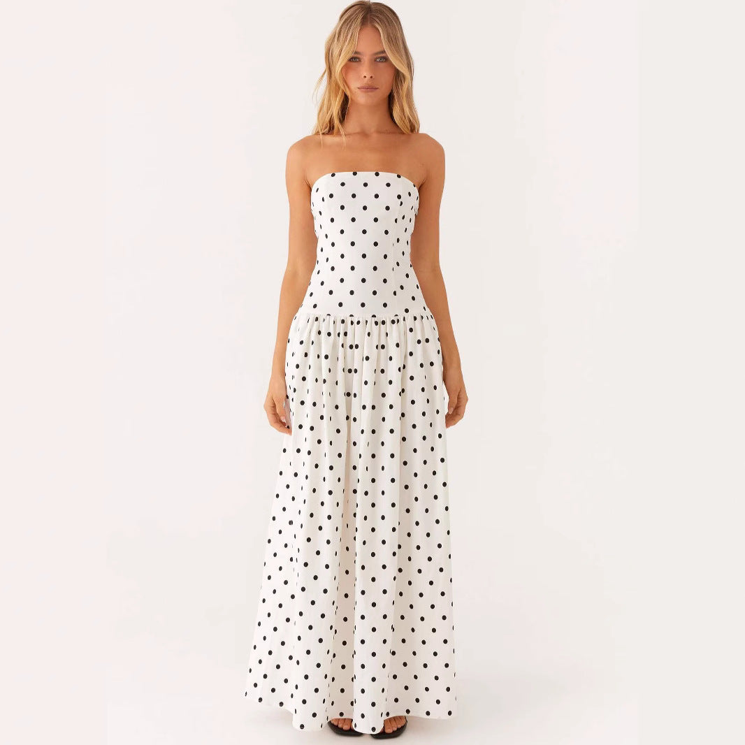 Abito lungo verde/bianco donna slim senza spalline, con fantasie estive eleganti. Ideale come vestito da vacanza mare.