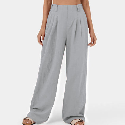 Pantaloni casual donna gamba ampia, vita alta e tasche, un capo versatile per il guardaroba.
