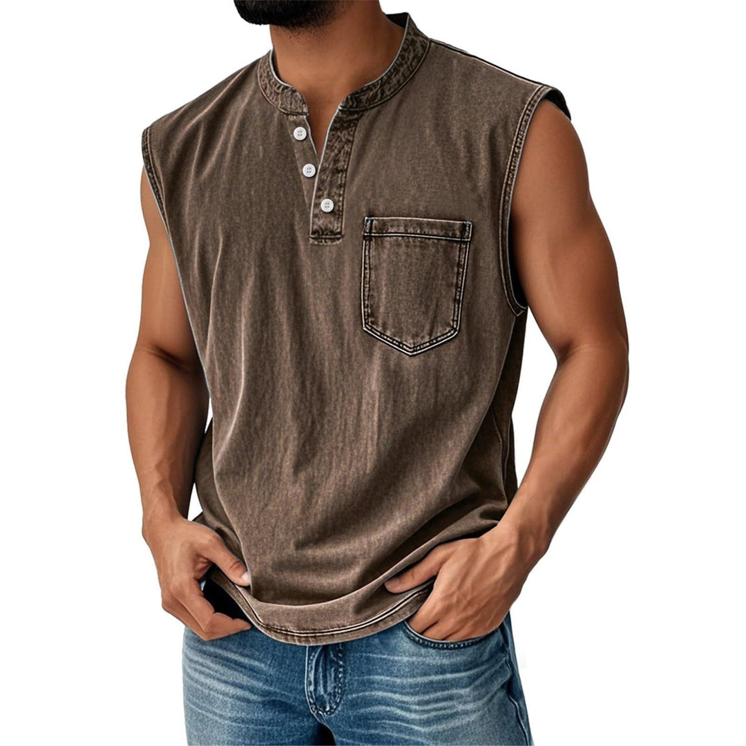 Canotta uomo aderente e confortevole, design patchwork unico. Abbigliamento casual senza maniche, stile estivo moderno.