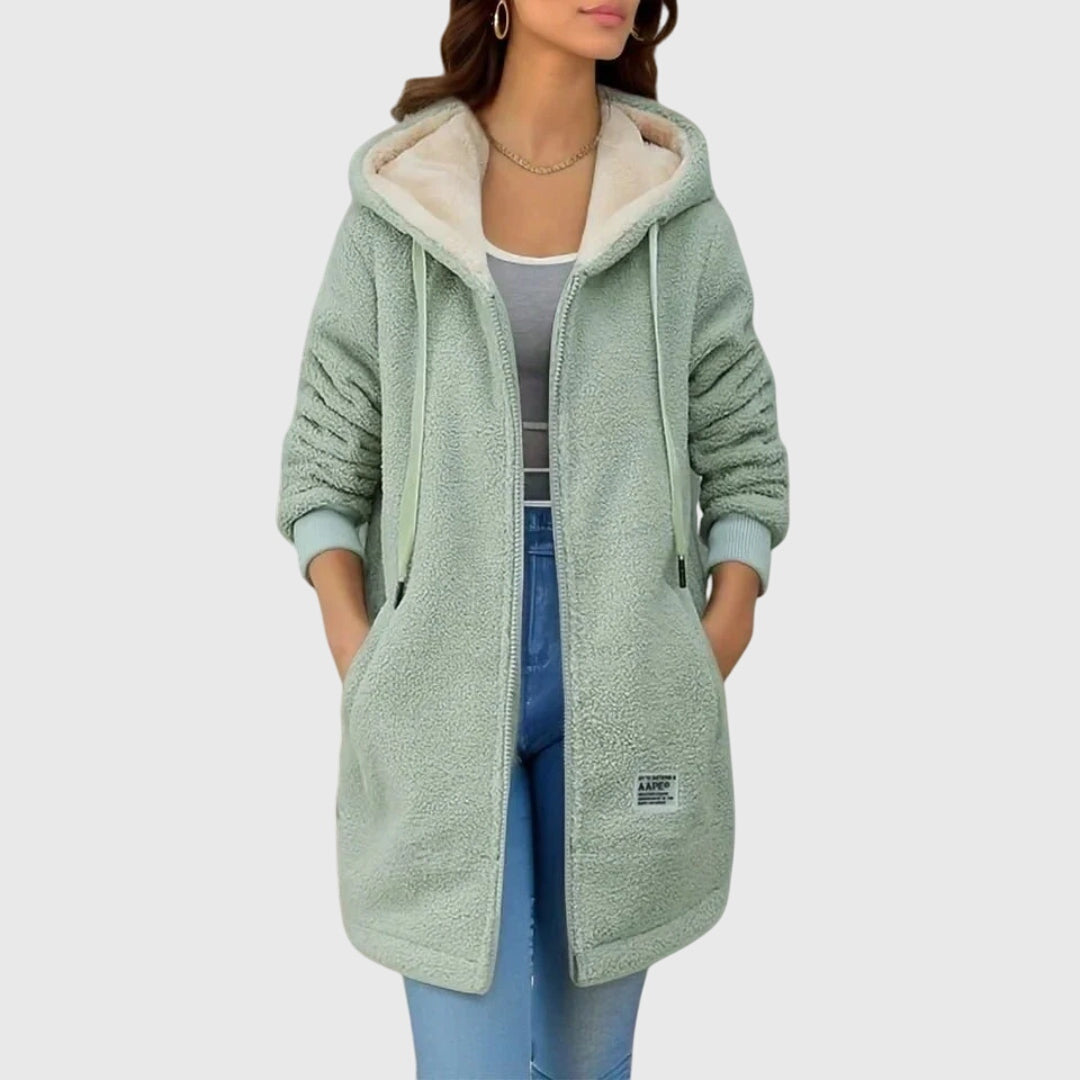 Giacca con cappuccio donna, versatile strato invernale. Disponibile in blu, rosa, marrone e verde.