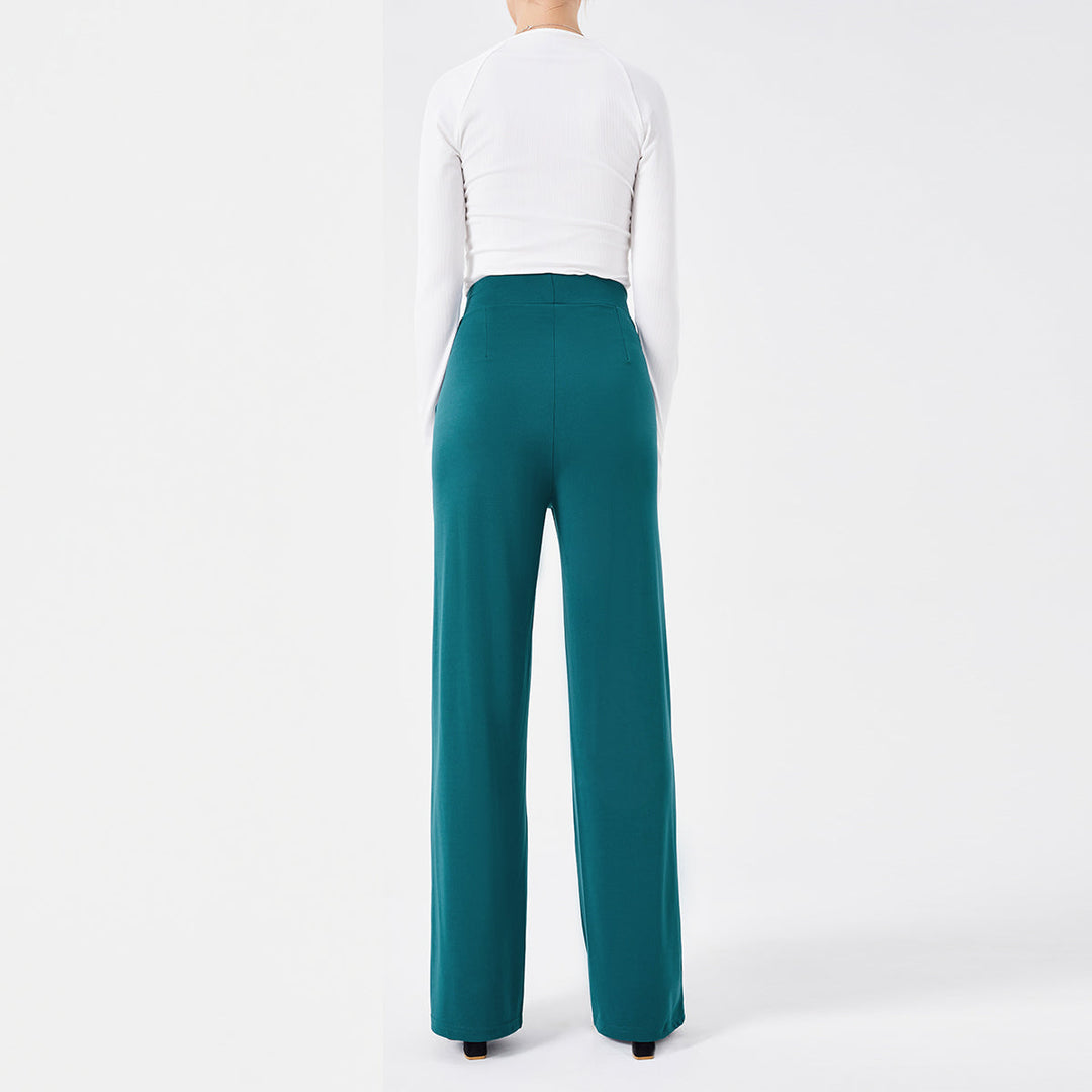 Pantaloni donna a zampa vita alta, slim fit, in tinta unita, un classico della moda versatile.