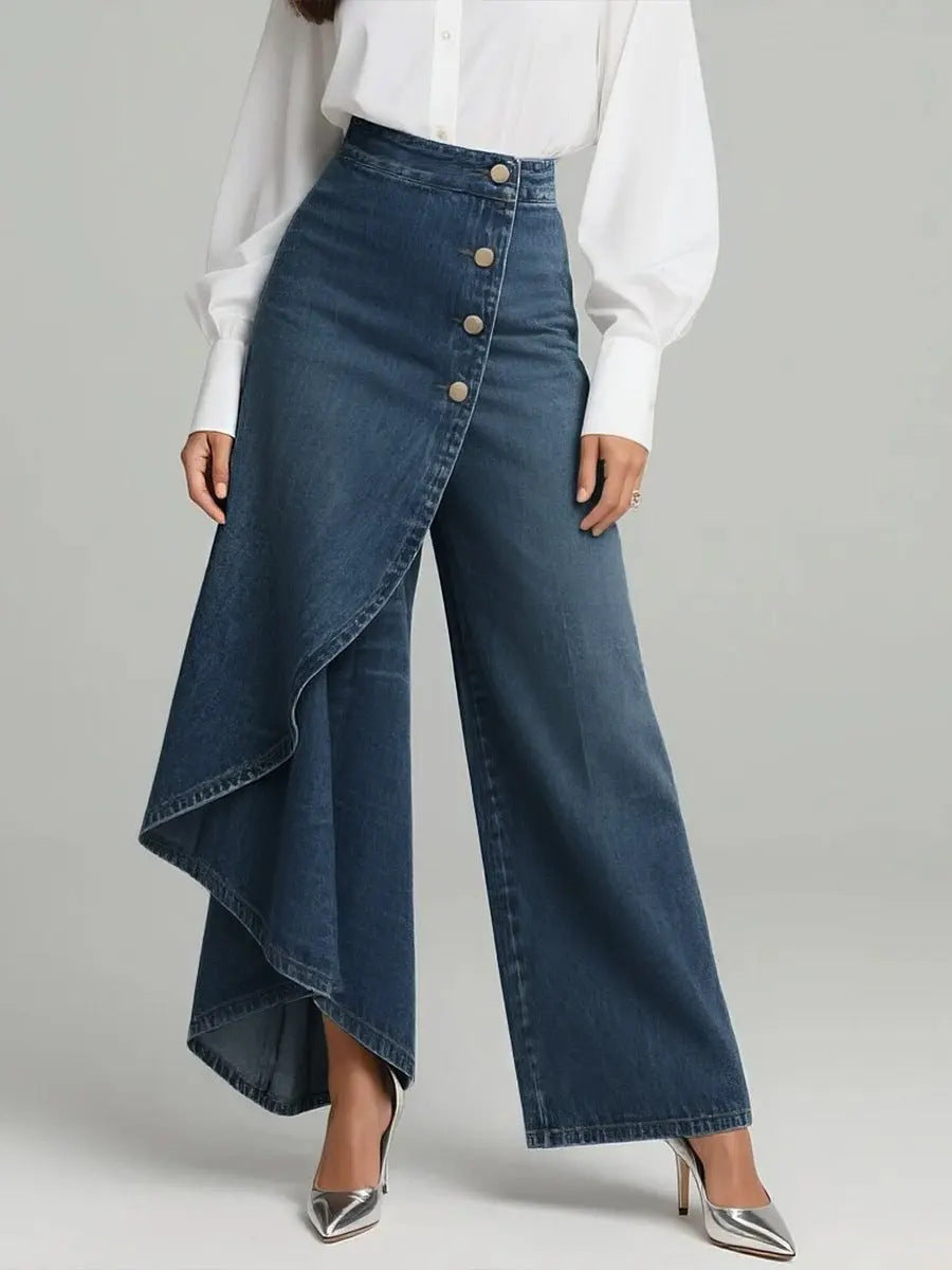 Dettaglio: bottoni arricciati su pantaloni dritti donna effetto denim, vita alta, per un tocco di originalità.