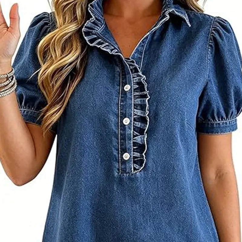 Top donna autunnale con maniche a sbuffo, dettagli volant e bottoni, per outfit versatili.
