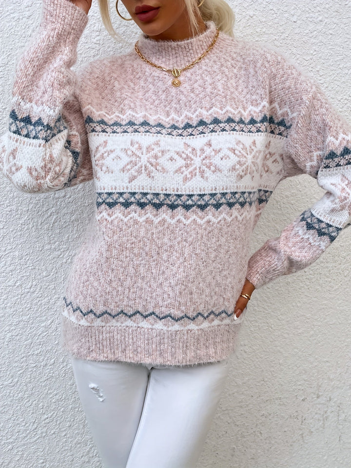 Maglione donna rosa, collo alto, fiocchi di neve, stile casual per un inverno comodo e alla moda.