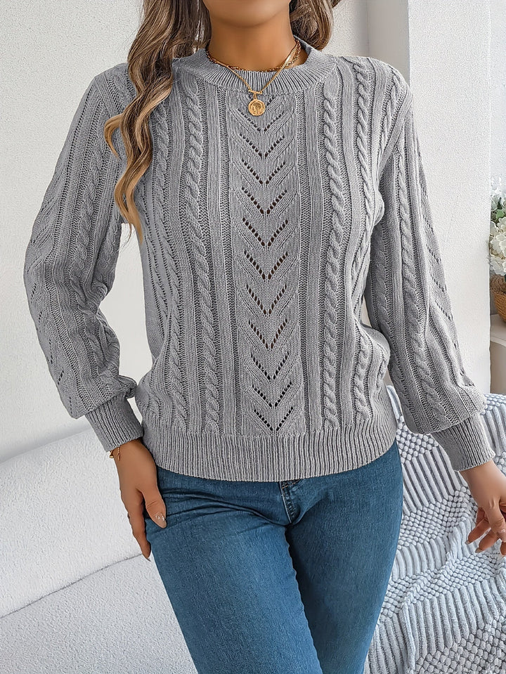 Maglione invernale donna a trecce, girocollo. Maniche lunghe, colori kaki, grigio.