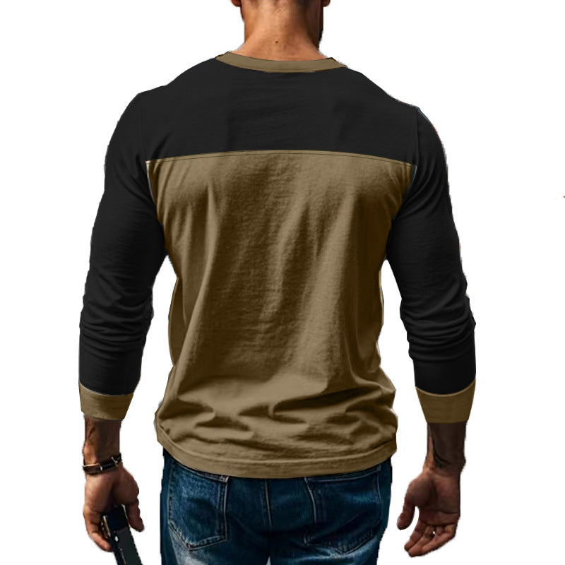 Maglia uomo Henley in color block, maniche lunghe, perfetta per un look casual, comfort e stile moderno.