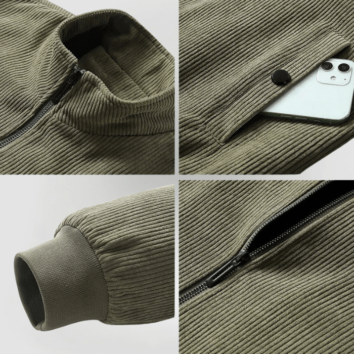 Robusta giacca uomo invernale in velluto a coste con collo alto. Design elegante casual per un look maschile moderno.