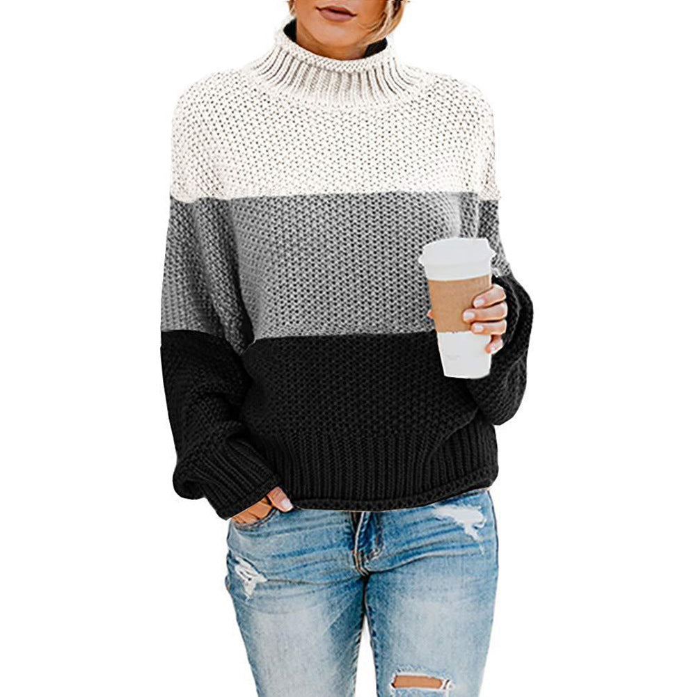 Maglione donna collo alto con blocchi di colore, maniche lunghe. Perfetto per la moda invernale casual e chic.