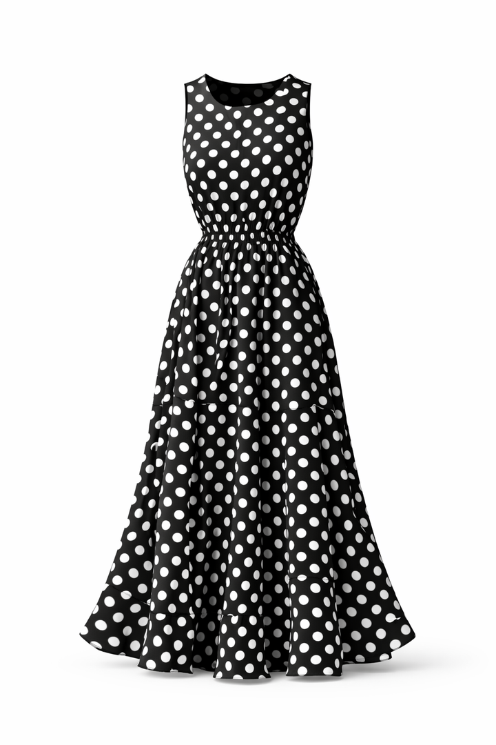 Abito donna elegante a pois, versatile per look casual o chic, ispirazione vintage.