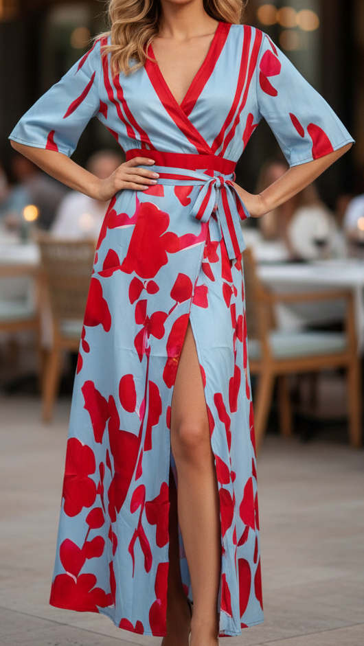 Maxi abito donna elegante floreale per cerimonia o evento estivo, con design avvolgente e scollo a V.