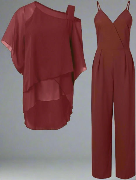 Abbigliamento donna: completo elegante monospalla con blusa fluida e pantaloni palazzo. Stile raffinato per cerimonia.