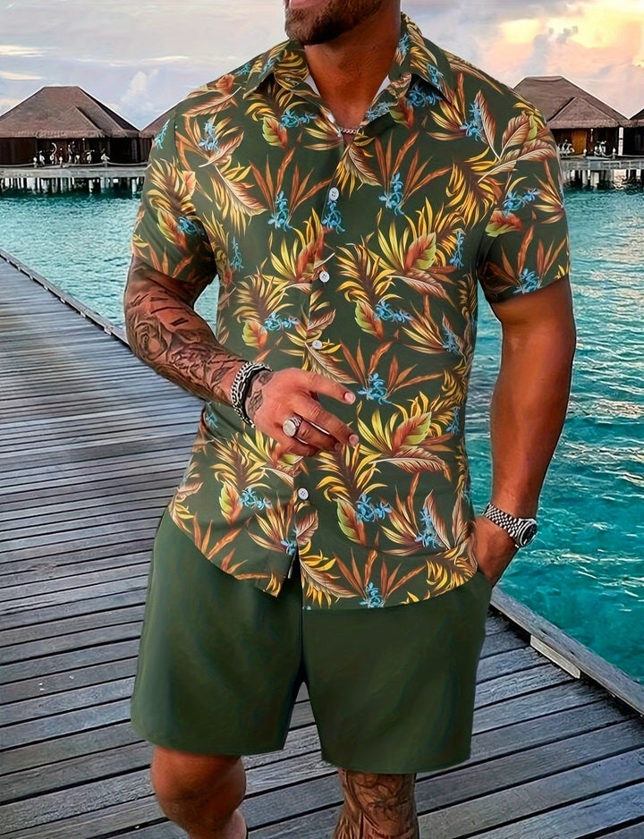 Set estivo uomo casual: camicia a maniche corte e shorts coordinati, ideale per moda estiva e relax.