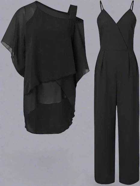 Blusa monospalla elegante donna e pantaloni fluidi. Completo due pezzi raffinato, ideale per eventi formali e serate.