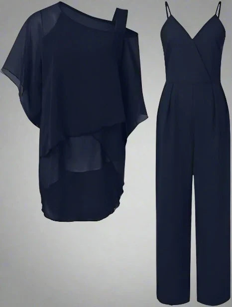 Completo donna elegante due pezzi: blusa monospalla fluida e pantaloni ampi. Perfetto per outfit da sera o cerimonia.