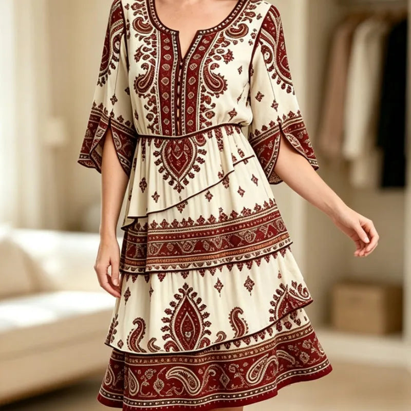 Abito donna bohémien midi con stampa etnica colorata e volant, perfetto per l'estate.