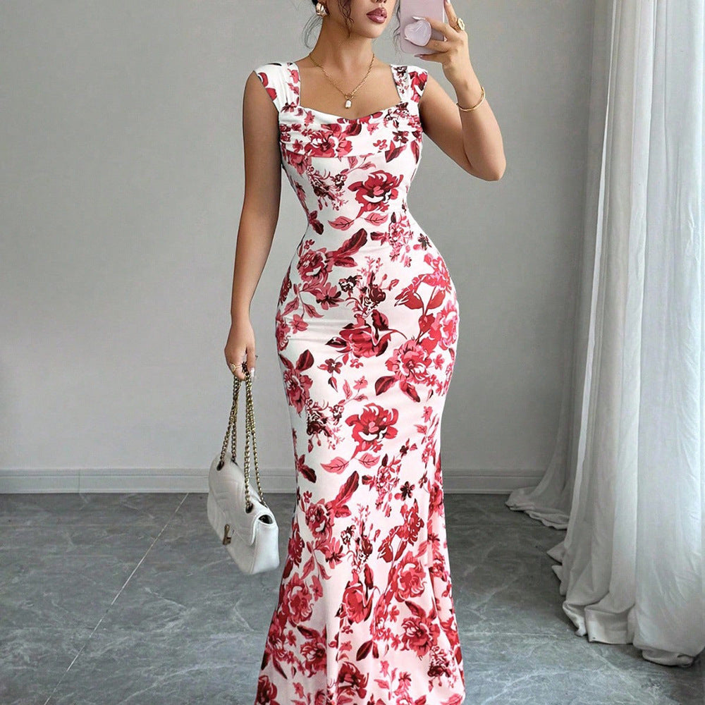 Abito midi floreale donna con scollo quadrato, vita alta elegante. Perfetto per occasioni speciali o look chic.