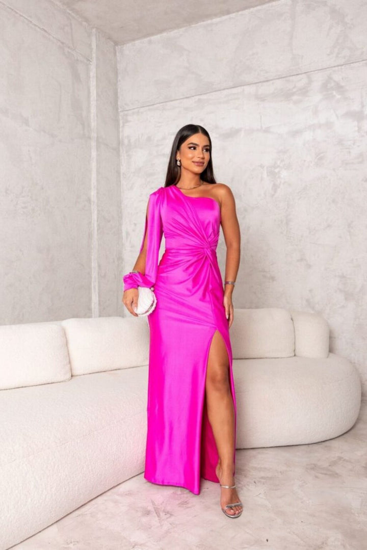 Abito turchese donna satinato, monospalla con spacco laterale, elegante per cerimonie estive.