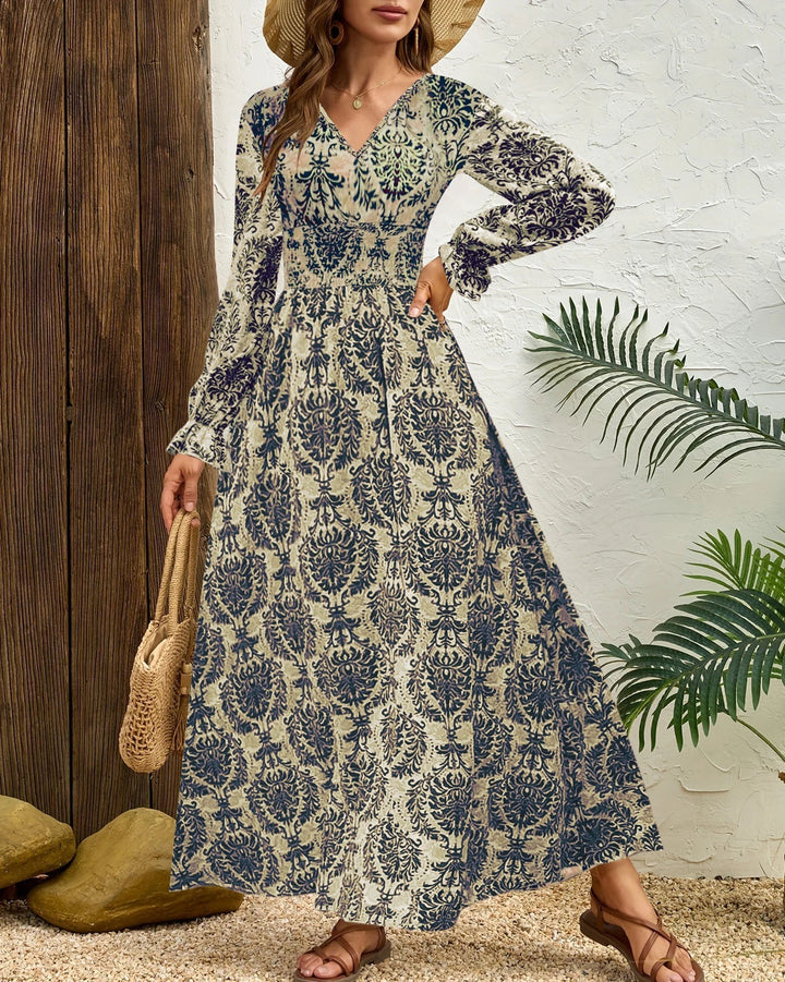 Abito lungo donna autunnale stampato, scollo a V, maniche lunghe, look casual chic.