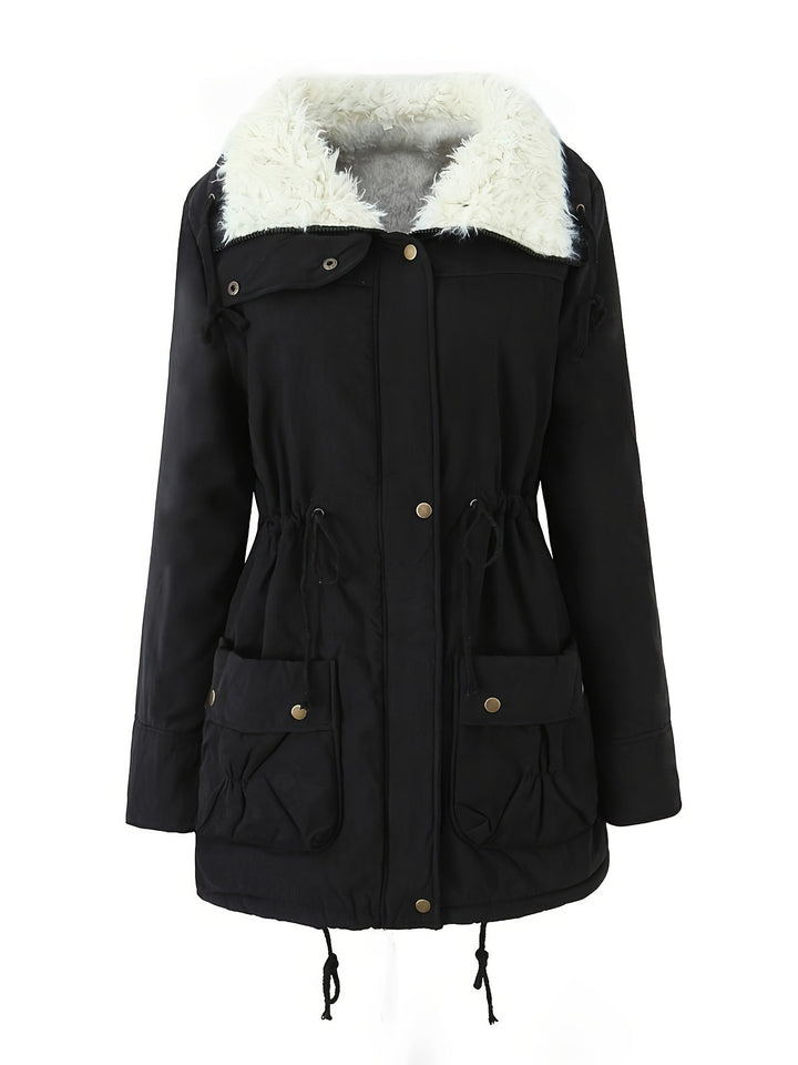 Elegante parka lungo nero da donna con collo borg e vita regolabile. Ideale per il freddo invernale.