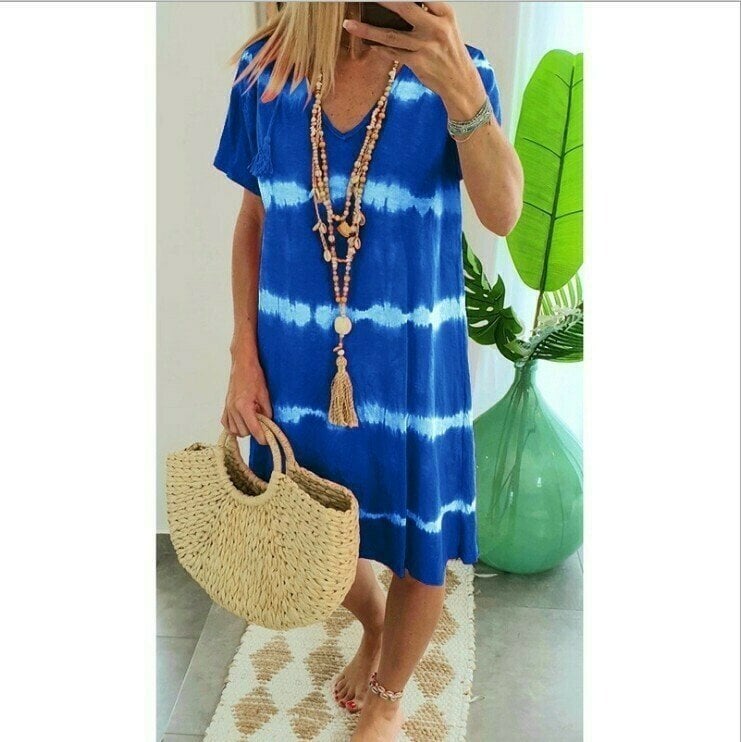 Vestito comodo donna tie-dye scollo a V e vestibilità ampia per un look quotidiano estivo.