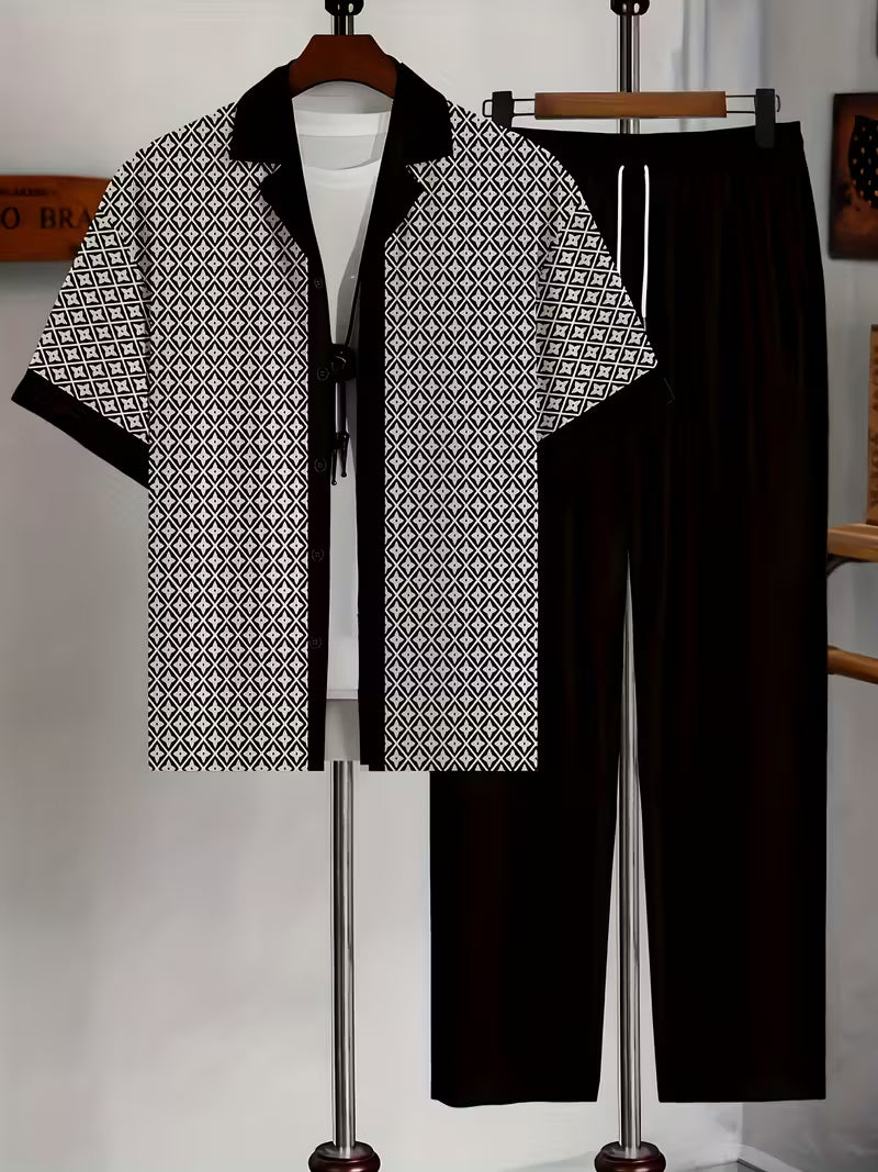 Completo estivo uomo due pezzi geometrico, massimo comfort per vacanze e tempo libero.