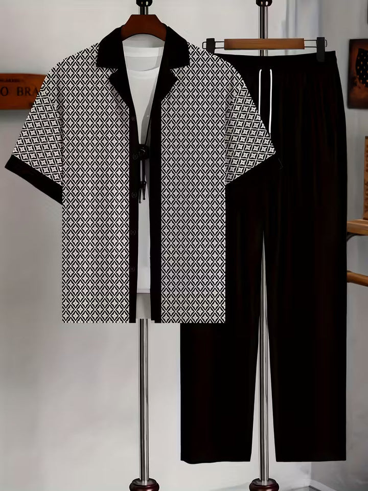 Completo estivo uomo due pezzi geometrico, massimo comfort per vacanze e tempo libero.