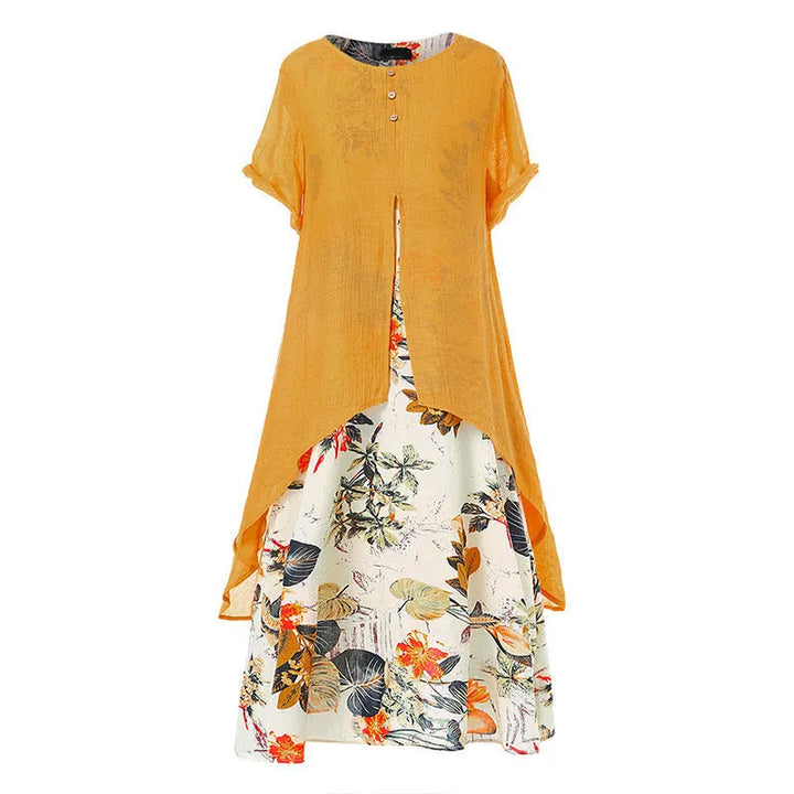 Abito donna floreale sovrapposto, elegante vestito estivo per primavera/vacanza. Design colorato e comodo.