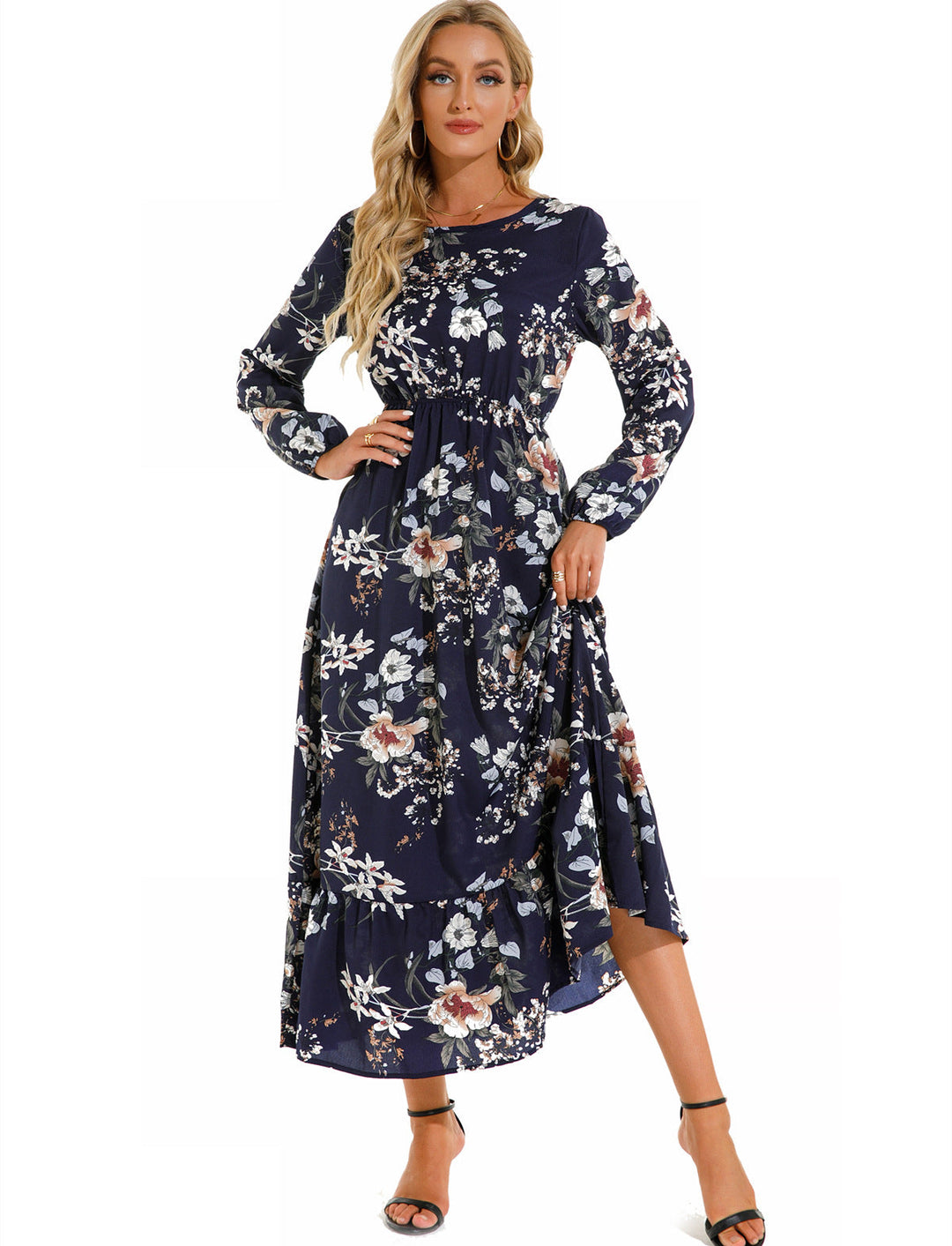 Abito lungo a trapezio floreale estivo, scollo rotondo, moda donna per un'eleganza casual.