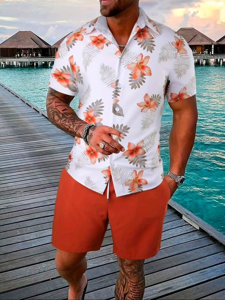 Set estivo uomo versatile: camicia a maniche corte e shorts per outfit casual o da spiaggia.