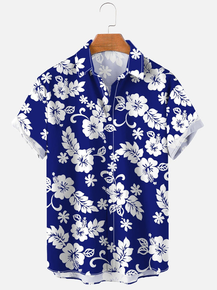 Camicia uomo floreale a maniche corte, stampa estiva colorata, tessuto elastico per comfort casual alla moda.