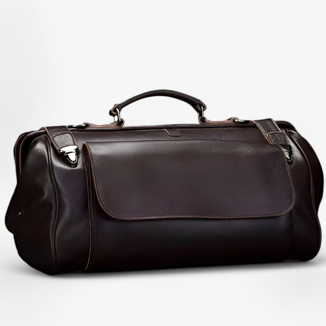 Elegante borsone da viaggio multiuso unisex color caffè e marrone, con tracolla removibile.