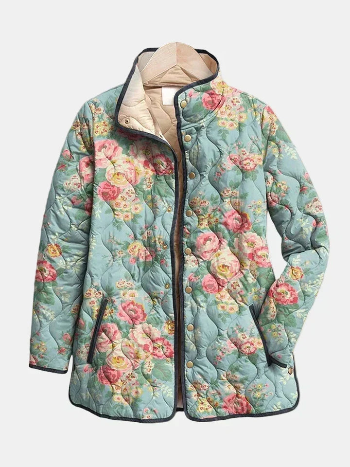 Giacca donna primaverile/autunnale floreale, trapuntata, pratica e con bottoni.